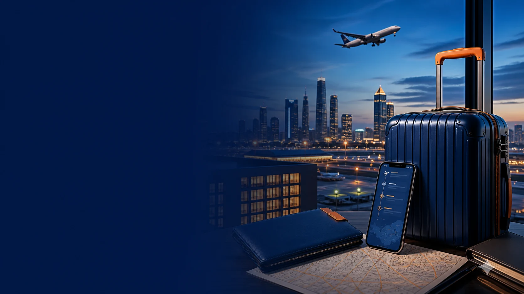 International aircraft above a city with travel planning documents in the foreground