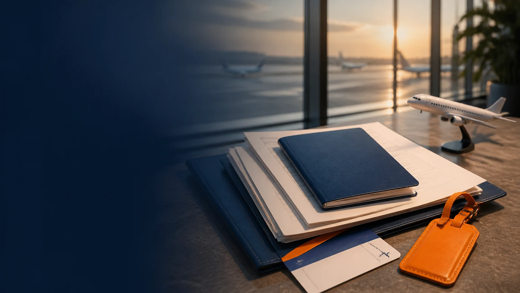 Passport, travel documents and an aircraft prepared for an overseas journey